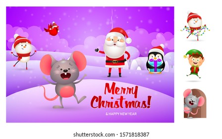 Merry Christmas card with cute cartoon mouse. Lettering with decorations can be used for invitation and greeting card. Holiday concept