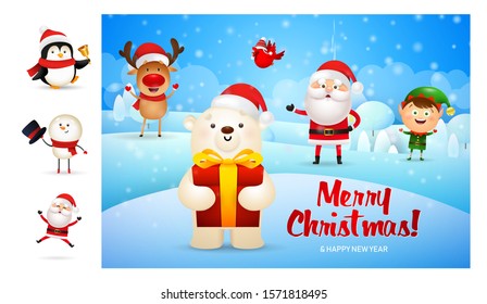Merry Christmas card with cute cartoon bear. Lettering with decorations can be used for invitation and greeting card. Holiday concept