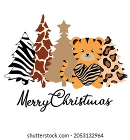 Merry Christmas card. Cute cartoon striped tiger. Printing for children's T-shirts, greeting cards, posters. Hand-drawn vector stock illustration.
