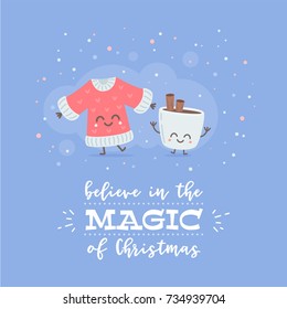 Merry Christmas card with cute cartoon character, decorative templates for invitations, greeting postcards, design elements