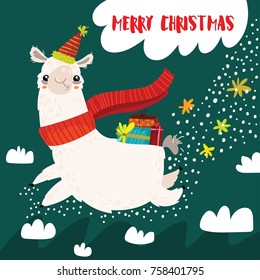 Merry Christmas card with cute cartoon llama in vector - stock vector.