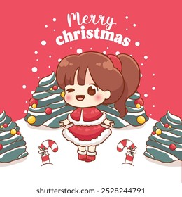 Merry christmas card with cute chibi girl santa