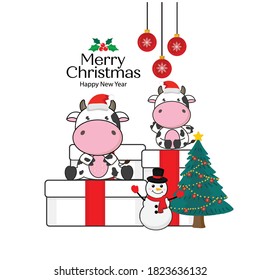 Merry Christmas Card With Cute Cow Wearing Santa Claus Hat