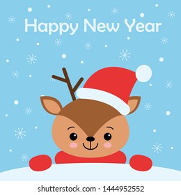 merry christmas card with cute dear wearing a winter scarf. vector illustration