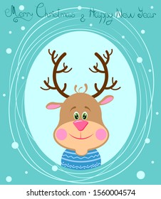 Merry christmas card with cute dear wearing a blue sweater. Vector illustration.