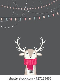 merry christmas card with cute dear wearing a winter scarf. vector illustration