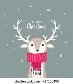 merry christmas card with cute dear wearing a winter scarf. vector illustration