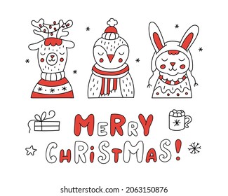 Merry Christmas card with cute deer, rabbit and penguin in hats and sweaters. Fanny animals with hand lettering quote. Doodle style. Vector illustration.