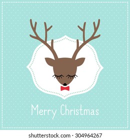 Merry Christmas card with cute deer with bow. Deer head illustration on light blue polka dots background.