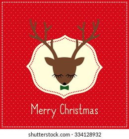 Merry Christmas card with cute deer with bow. Deer head illustration on red polka dots background.