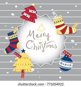 Merry christmas card cute design with  cute ornaments vector ex: christmas tree,socks,