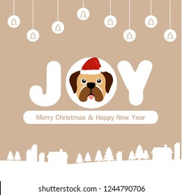 Merry Christmas Card. Cute dog in a Santa's red cap.