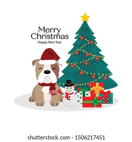 Merry Christmas card with cute dog in Santa's hat.