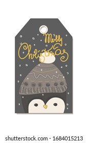 Merry christmas card with cute doodle vector penguin in grey background and hand drawn letters. Merry Xmas illustration for design greeting cards, prints, posters 