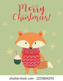Merry Christmas card with a cute flat design Fox with a cup of hot drink and Sweater