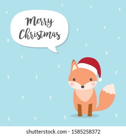 Merry Christmas card with Cute Fox Cartoon Character vectors wearing Santa Claus hat .Kawaii Fox isolated on sky blue background.