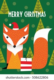 Merry Christmas card.
cute fox with a santa hat on christmas background