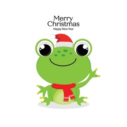 Merry Christmas Card With Cute Frog Wearing Santa Claus Hat.