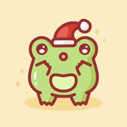 Merry Christmas Card With Cute Frog Wearing Santa Claus Hat. Plump Toad. Cute Frog Is Surprised. Concept For Coloring Book, Children's Drawing, Sticker. Vector Illustration In Flat Style