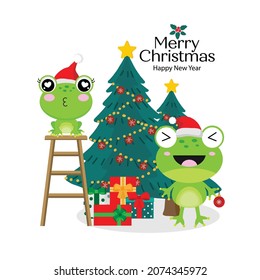 Merry Christmas card with Cute frog wearing Santa Claus hat.