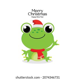 Merry Christmas card with Cute frog wearing Santa Claus hat.