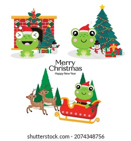 Merry Christmas card with Cute frog wearing Santa Claus hat.