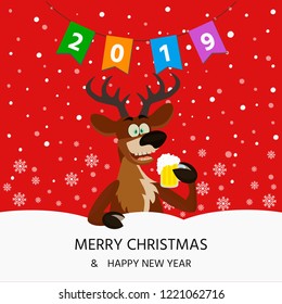 Merry Christmas card with cute funny reindeer with  beer glass on red  background with snowflakes.  