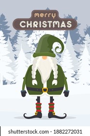 Merry Christmas card with a cute gnome in green clothes on the background of a snowy forest. Winter ready postcard. Vector illustration.