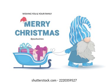 Merry Christmas card with a cute gnome boy carrying gifts in a sleigh. Postcard for business, congratulate customers on the new year.