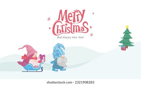 Merry Christmas card with cute gnomes with sled. Postcard for business, congratulate customers on the new year.