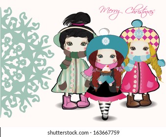 Merry Christmas card with cute little girls