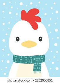 merry christmas card with cute little bird, chicken in scarf on winter snow background, flat style