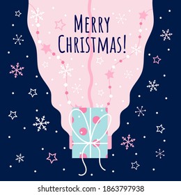 Merry Christmas card - cute llama or alpaca paws with x-mas gift. Pink foots holds winter holiday present on dark night snowy background with snowflakes and stars. Flat design vector illustration.