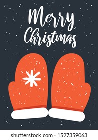 Merry Christmas card with cute mouse, red gift. Doodle winter holidays, noel background, poster, invitation