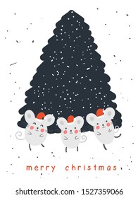 Merry Christmas card with cute mouse, red gift. Doodle winter holidays, noel background, poster, invitation