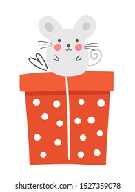 Merry Christmas card with cute mouse, red gift. Doodle winter holidays, noel background, poster, invitation