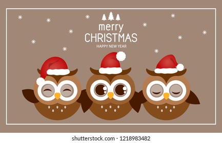 Merry Christmas card with cute owls in Santa hats. 
