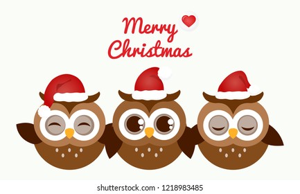 Merry Christmas card with cute owls in Santa hats. 
