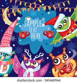Merry Christmas card with Cute Owls