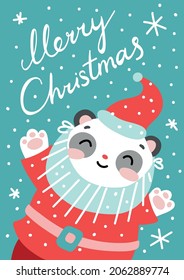 Merry Christmas. Card with cute panda dressed up as Santa Claus and handwritten phrase. Flat vector illustration.