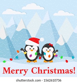 Merry Christmas card with cute  penguin couple boy in Santa Claus red christmas hat and girl with garland on arctic landscape background. Flat design vector illustration funny winter little baby birds