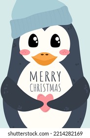 Merry christmas card with cute penguin and heart. Flat holiday postcard template. 