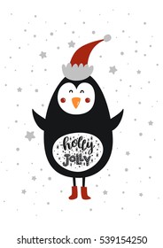 Merry christmas card with cute penguin and hand drawn letters isolated on white background. Holly jolly. Happy new year illustration for design greeting cards, prints, posters.