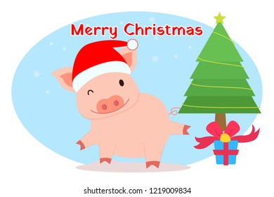 Merry Christmas card with cute pig.