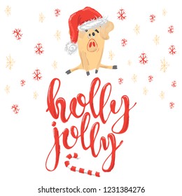 Merry Christmas card with cute pig in Santa hat with lettering Holly Jolly Vector illustration