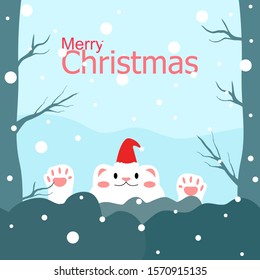 Merry christmas card with cute polar bear wearing santa claus hat