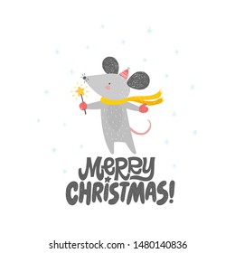 Merry Christmas card with cute rat, mouse. Happy New Year greeting card with handwrtitten lettering. Funny nursery illustration, childish design. Cartoon animal with scarf, hat and snowflakes.