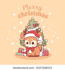 Merry christmas card with cute reindeer animal