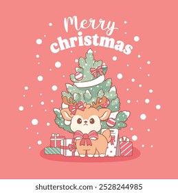 Merry christmas card with cute reindeer animal