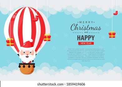 Merry Christmas card with cute santa claus in hot air balloon